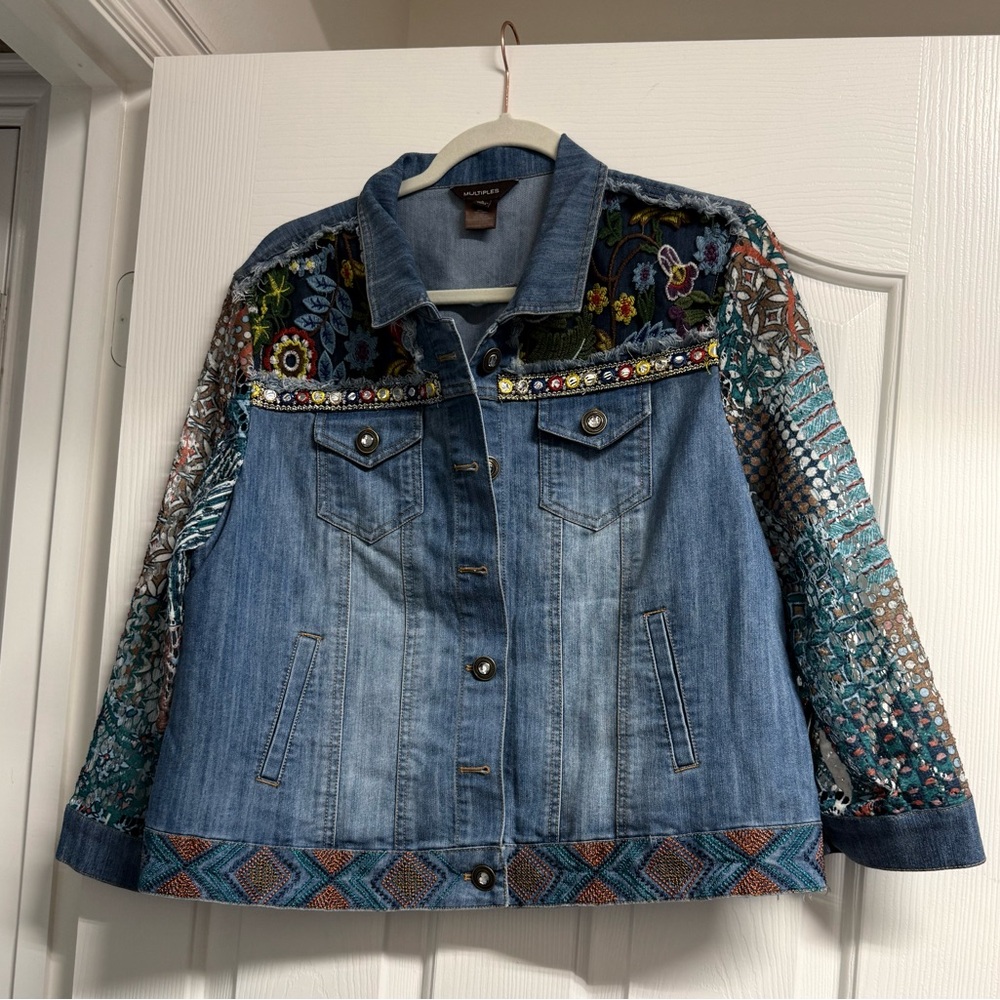 Multiples Blue Denim Jacket with Multicolor Embroidered Sleeves - Picture 2 of 10